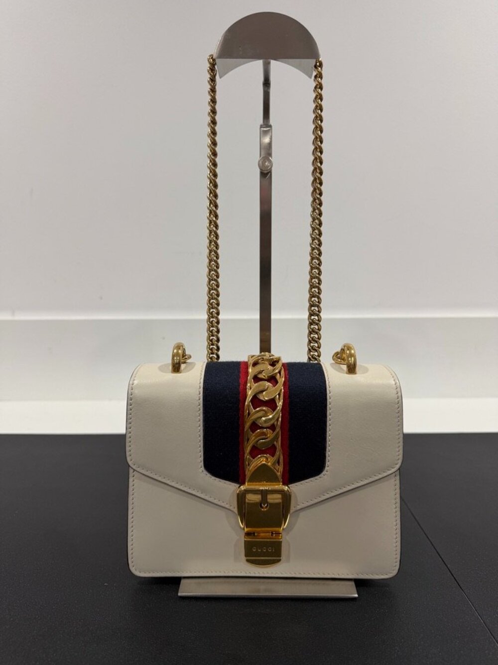 Gucci Sylvie Mini Chain Shoulder Bag in White Calfskin Leather (JB1562)